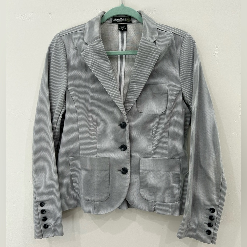 Women’s Eddie Bauer Cotton Pinstripe Blazer in Gray and White, Size 10